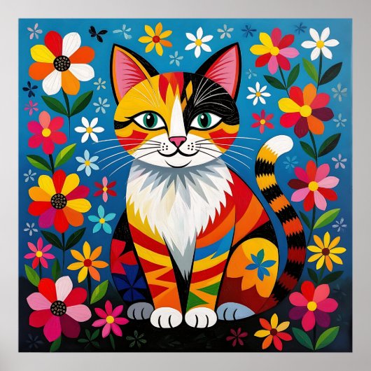 Boho Folk Art Cat, Flowers & Butterfly   Poster (Vorne)