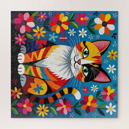 Boho Folk Art Cat, Flowers & Butterfly Puzzle (Horizontal)