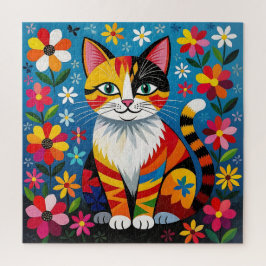 Boho Folk Art Cat, Flowers & Butterfly   Puzzle