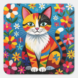 Boho Folk Art Cat, Flowers & Butterfly Quadratischer Aufkleber