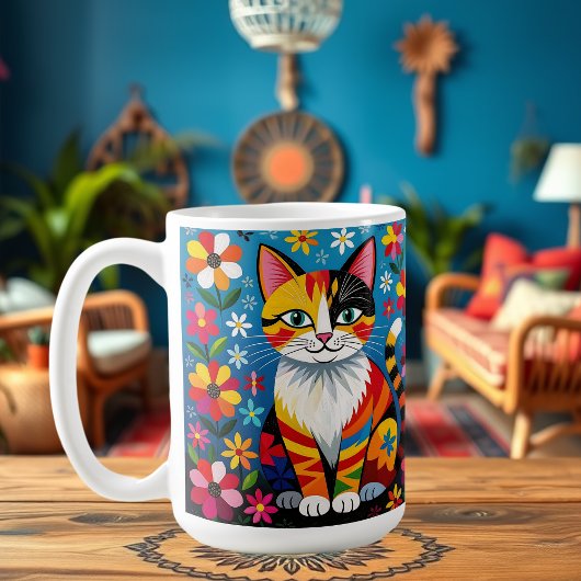 Boho-Folk-Art-Katze, Blumen & Schmetterling   Kaffeetasse