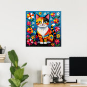 Boho-Folk-Art-Katze, Blumen & Schmetterling Poster (Heimbüro)