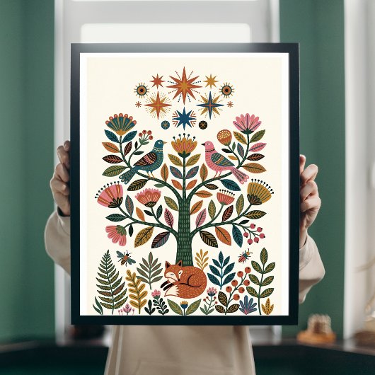 Boho-Folk-Art-Lebensbaum-Pfau-Himmels-Poster Poster