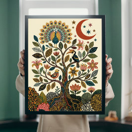 Boho-Folk-Art-Lebensbaum-Pfau-Himmels-Poster Poster