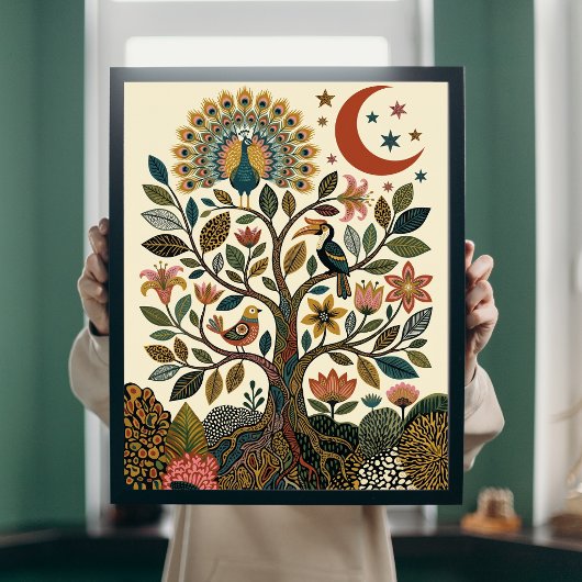 Boho-Folk-Art-Lebensbaum-Pfau-Himmels-Poster Poster
