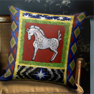 Boho Folk Art Russian Horse Hütte Kissen