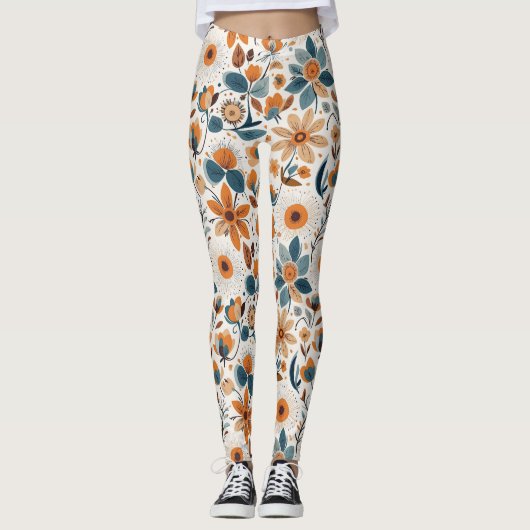 Boho Folk Art Wildflower Meadow Rust Teal Floral Leggings (Vorderseite)