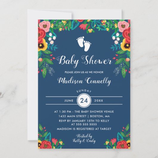 Boho Folk Blume Footprints Kinderdusche Einladung (Vorderseite)