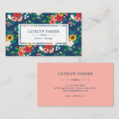 Boho Folk Blume Pattern - Deep Blue & Coral Visitenkarte (Vorne/Hinten)