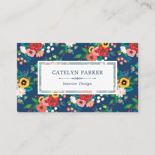 Boho Folk Blume Pattern - Deep Blue & Coral Visitenkarte (Vorderseite)