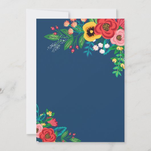 Boho Folk Bouquet - Deep Blue & Red Wedding Einladung (Rückseite)