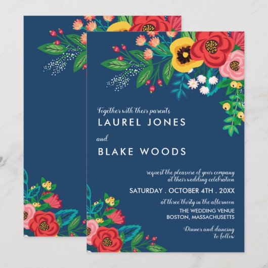 Boho Folk Bouquet - Deep Blue & Red Wedding Einladung (Vorne/Hinten)