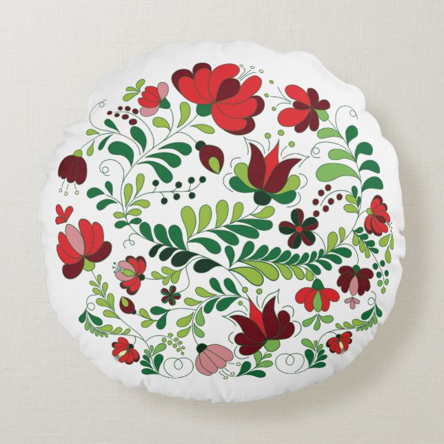 Boho Folk Floral Matyo Rundes Kissen (Vorderseite)