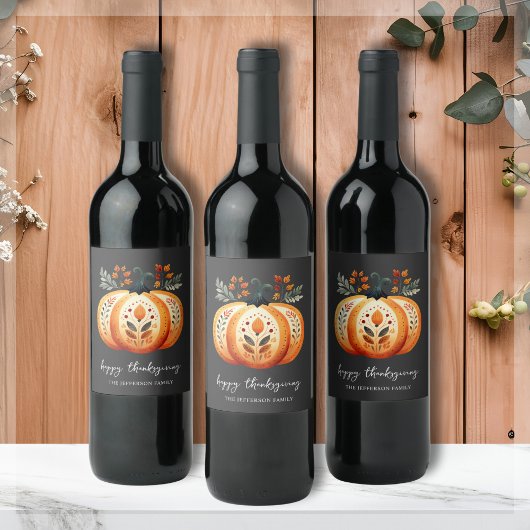 Boho Folk Pumpkin Erntedank Weinetikett