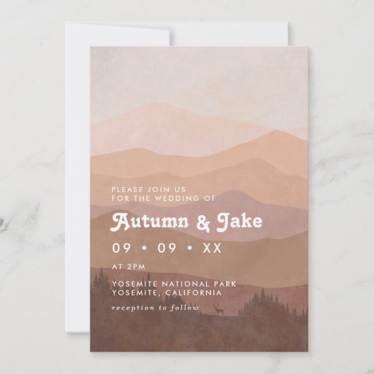 Boho Forest Mountains Retro Rosa & Brown Wedding Einladung (Vorderseite)