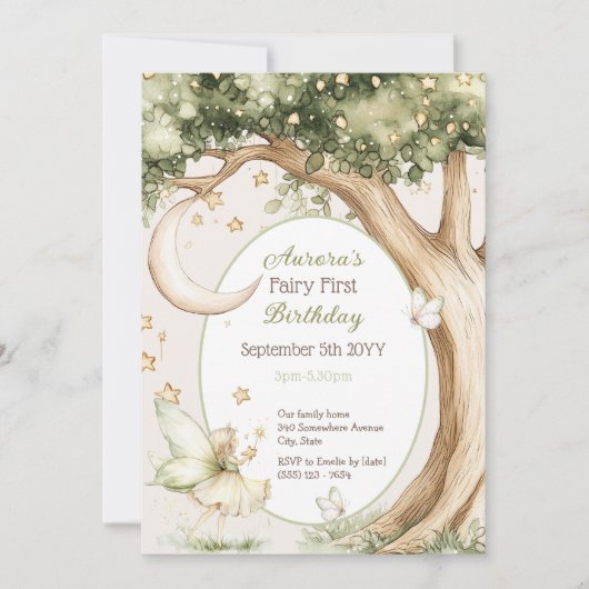 Boho forest watercolor Fairy First birthday Einladung (Vorderseite)