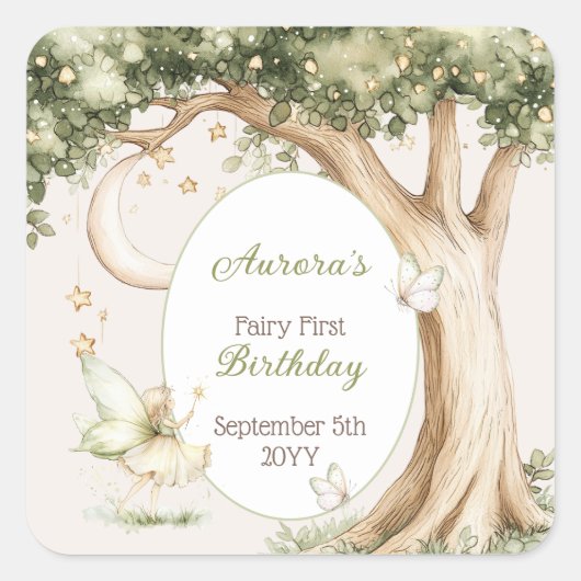 Boho Forest Watercolor Fairy First birthday Quadratischer Aufkleber (Vorderseite)