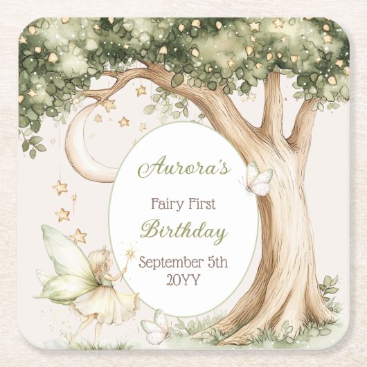 Boho Forest Watercolor Fairy First birthday Rechteckiger Pappuntersetzer (Vorderseite)