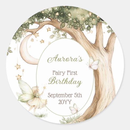 Boho forest watercolor Fairy First birthday Runder Aufkleber (Vorderseite)