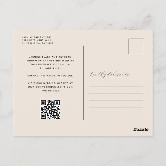 Boho Foto Arch Beige QR-Code Save the Date Postkarte (Rückseite)