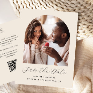 Boho Foto Arch Beige QR-Code Save the Date Postkarte
