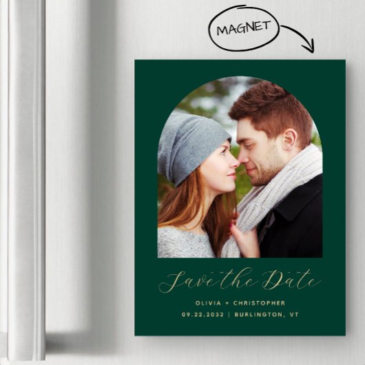 Boho Foto Arch Emerald Green Gold Save the Date Magneteinladung