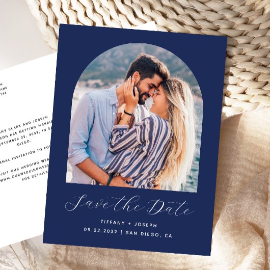 Boho Foto Arch Navy Blau Save the Date Postkarte
