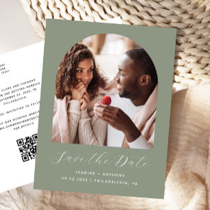 Boho Foto Arch Sage Green QR-Code Save the Date Postkarte