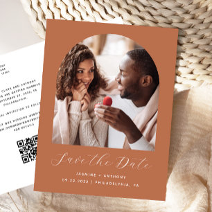 Boho Foto Arch Terracotta QR-Code Save the Date Postkarte