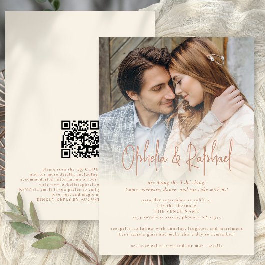 Boho Foto Overlay QR Terracotta Creme Wedding Einladung