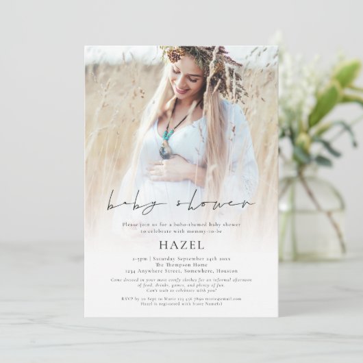 Boho Foto Overlay Script Bohemisch Baby Shooter Einladung (Stehend Vorderseite)