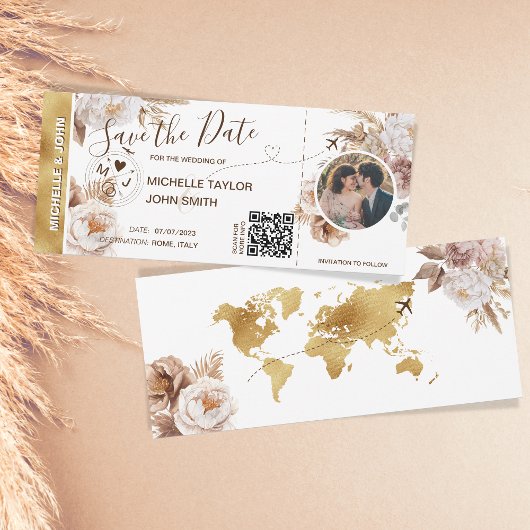 Boho Foto Save the Date Boarding Pass QR Code Einladung
