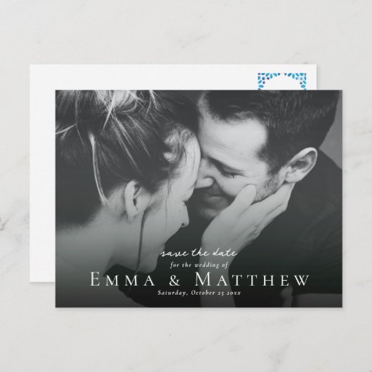 Boho Foto Save the Date mit marokkanischer Blue Ti Postkarte (Vorne/Hinten)