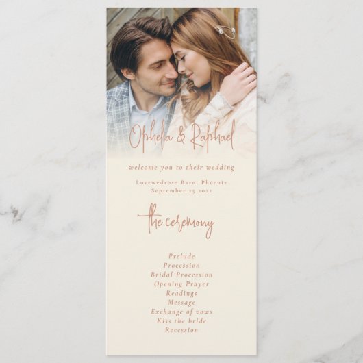 Boho Foto Script Cream Terracotta Wedding Program Einladung (Vorderseite)