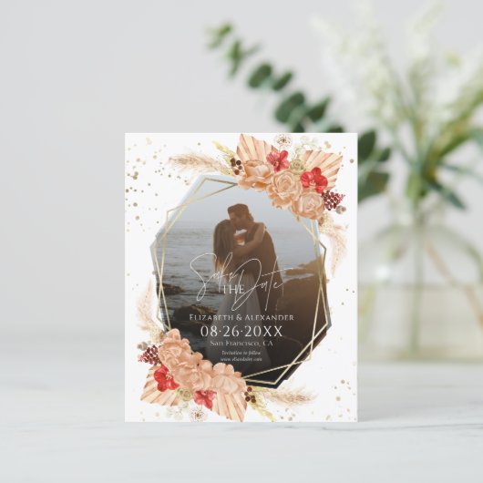 Boho Foto | Terracotta Wedding Save the Date (Stehend Vorderseite)