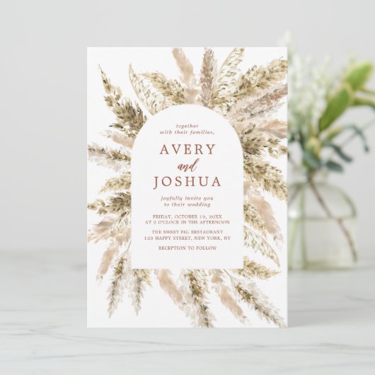Boho Foto Wedite Invite Terracotta Pampas Grass Einladung (Stehend Vorderseite)