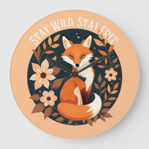 Boho Fox "Bleibe Wild, Bleibe frei" Holzdesign Große Wanduhr