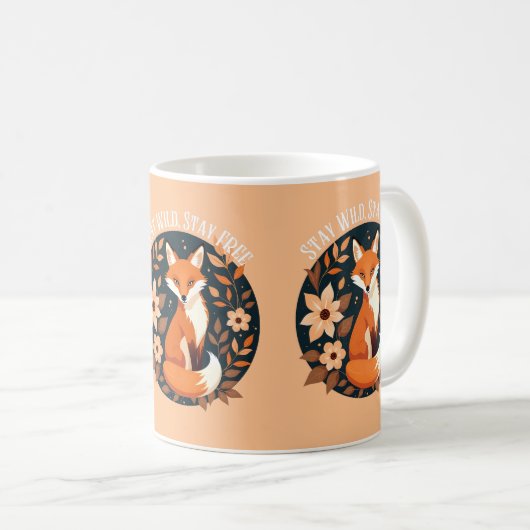 Boho Fox "Bleibe Wild, Bleibe frei" Holzdesign Kaffeetasse (VorderseiteRechts)