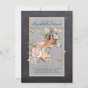 Boho FOX Brautparty Woodland Feathers Floral Einladung
