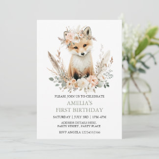 Boho Fox Girl 1. Geburtstag Einladung in jedem Alt