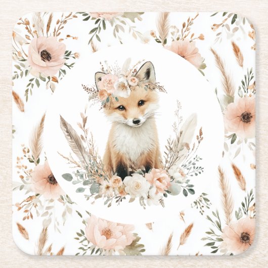 Boho Fox Girl Woodland Party Rechteckiger Pappuntersetzer (Vorderseite)