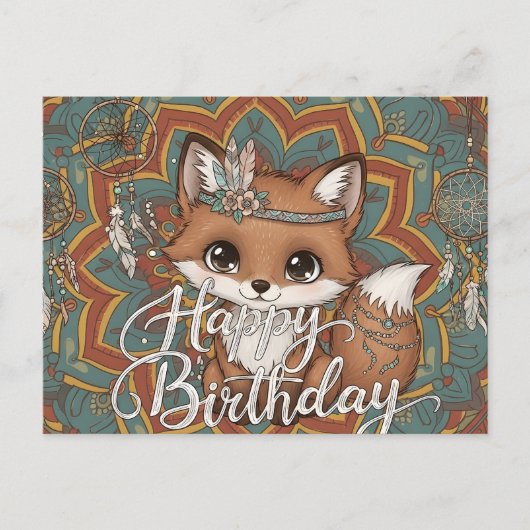 Boho Fox Happy Birthday Card Postkarte (Vorderseite)