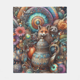 Boho Fox Raccoon Floral Design Fleecedecke