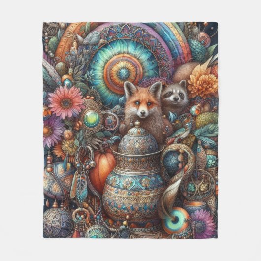 Boho Fox Raccoon Floral Design Fleecedecke (Vorderseite)