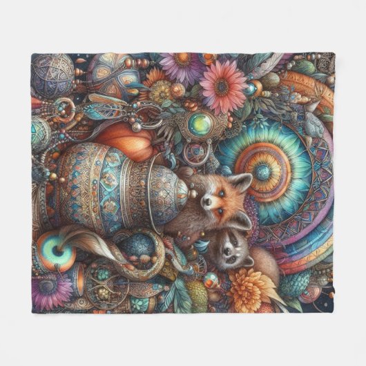 Boho Fox Raccoon Floral Design Fleecedecke (Vorderseite (Horizontal))