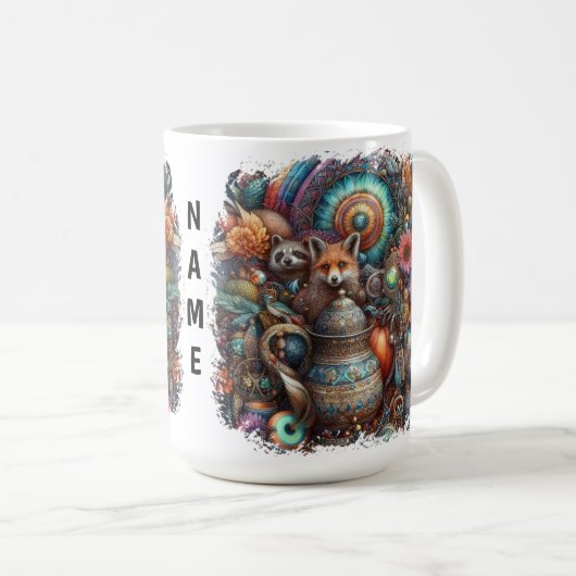 Boho Fox Raccoon Floral Design Kaffeetasse (VorderseiteRechts)