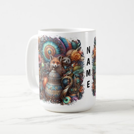 Boho Fox Raccoon Floral Design Kaffeetasse (Vorderseite Links)