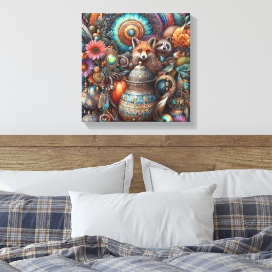 Boho Fox Raccoon Floral Design Leinwanddruck (Insitu (Schlafzimmer))