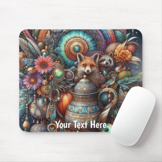 Boho Fox Raccoon Floral Design Mousepad (Mit Mouse)
