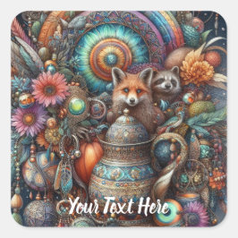Boho Fox Raccoon Floral Design Quadratischer Aufkleber